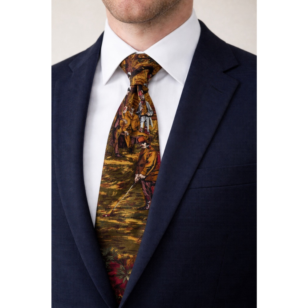 RM Style Vintage Golf Scene Necktie Made in USA – Red & Brown Print